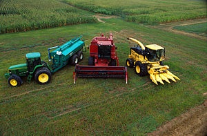 Many farm machines at ARS' Beltsville Agricultural Research Center are running on a mixture of diesel fuel and biodiesel, which is made from soybean oil. – from left to right: John Deere 7800 tractor with Houle slurry trailer, Case IH combine harvester, New Holland FX 25 forage harvester with corn head