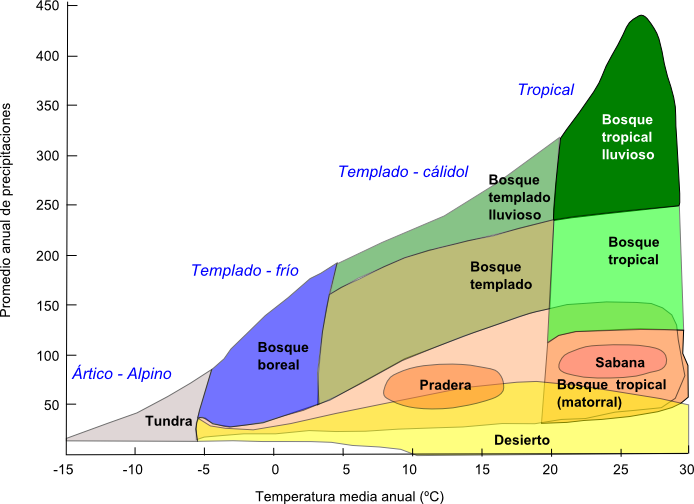 Climograma: distribución de los biomas en función de la precipitación y la temperatura